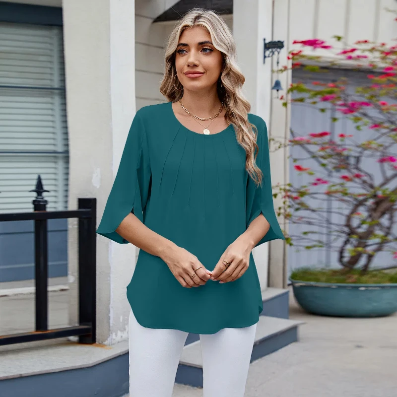 New Solid Color Round Neck Pull Tab Five Quarter Sleeve Loose Chiffon Shirt