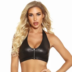 Leather Tops Sexys Women Crop Top Femme Black Wetlook Corset Ladies Fashion Festival Clothing Sleeveless Slim Zipper Clubwear