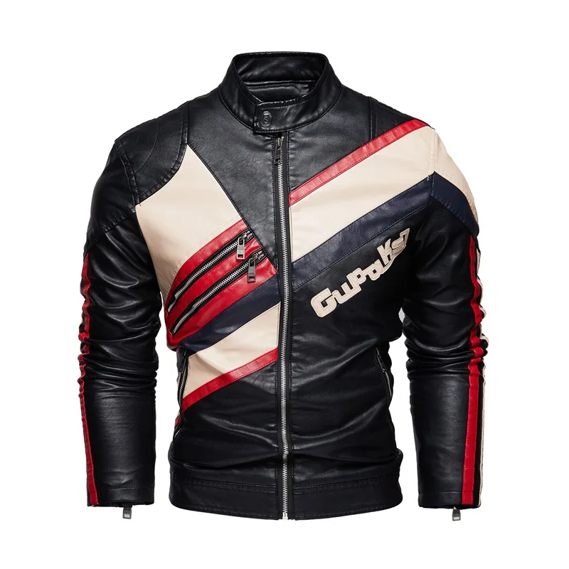 Maidangdi Autumn and Winter Color Matching Fashion Trend Handsome Motorcycle PU Diagonal Letter Leather Jacket Men's Clothing