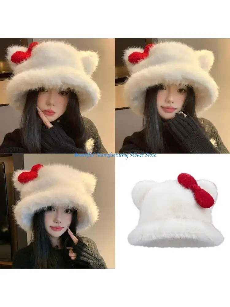 

E56A Furry Cats Ear Warm Winter Bucket Hat For Women Girl Outdoor Activity Novelty Plush Bowknot Bucket Hat for Dating Travel