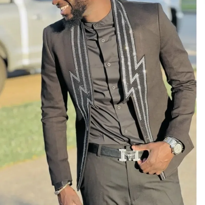 Chaqueta para hombre, industria pesada, chaqueta de lujo para banquete, Blazer Masculino, chaqueta con diamantes de imitación relámpago, chaqueta de
