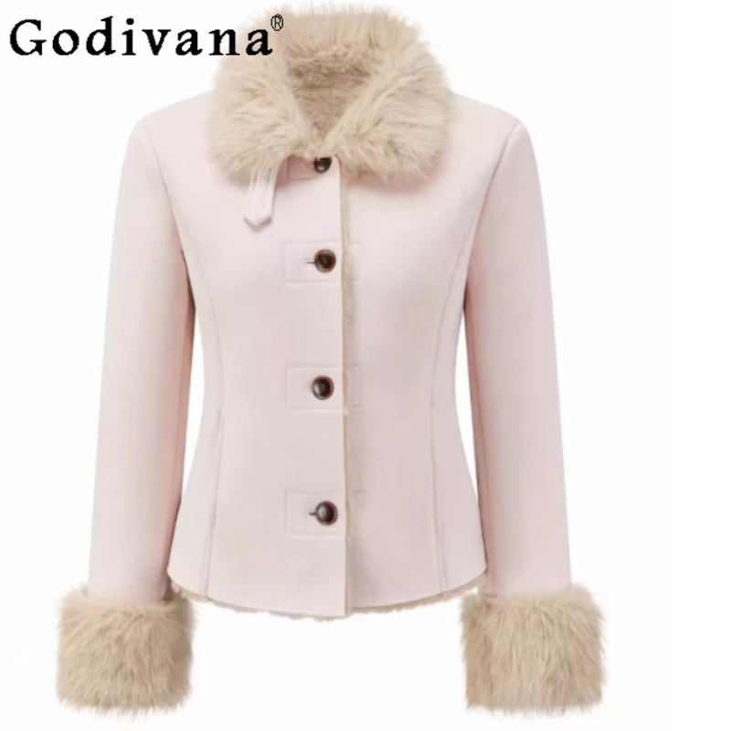 

Women's Autumn Winter New Warm Plush Sweet Korean Short Top Pink Turn-down Collar Long Sleeve Loose Fur Integrated Coat