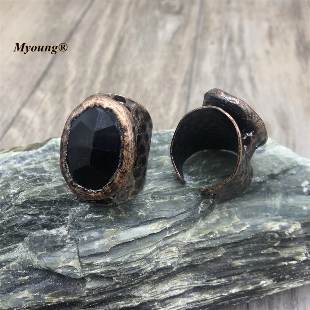 10PCS Boho Gothic Witch Jewelry Large Faeted Oval Shape Natural Black Obsidian Stone Vintage Rings For Women MY220815