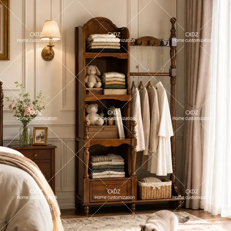 Solid Wood Coat Rack Bookcase Open Shelf Customizable Entryway Bedroom Storage Display Cabinet for Small Apartment