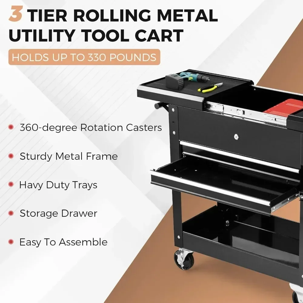 

Hot-sellingUtility Service Cart Tool on Wheels Heavy Duty Metal 4 Tiers Shelves with Drawers Tool Storage Organizer for Warehous