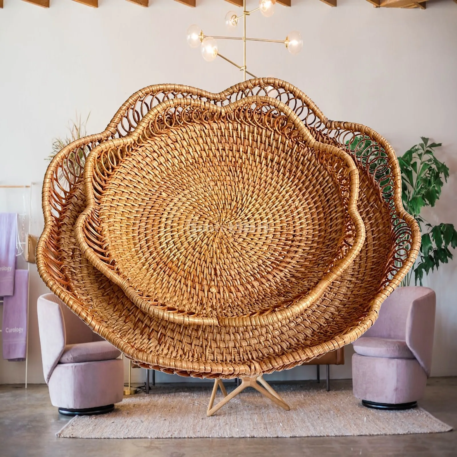 Handwoven Rattan Industrial Basket for Snack Serving with Reinforced Bottom and Loop Details for Living Room Shelf
