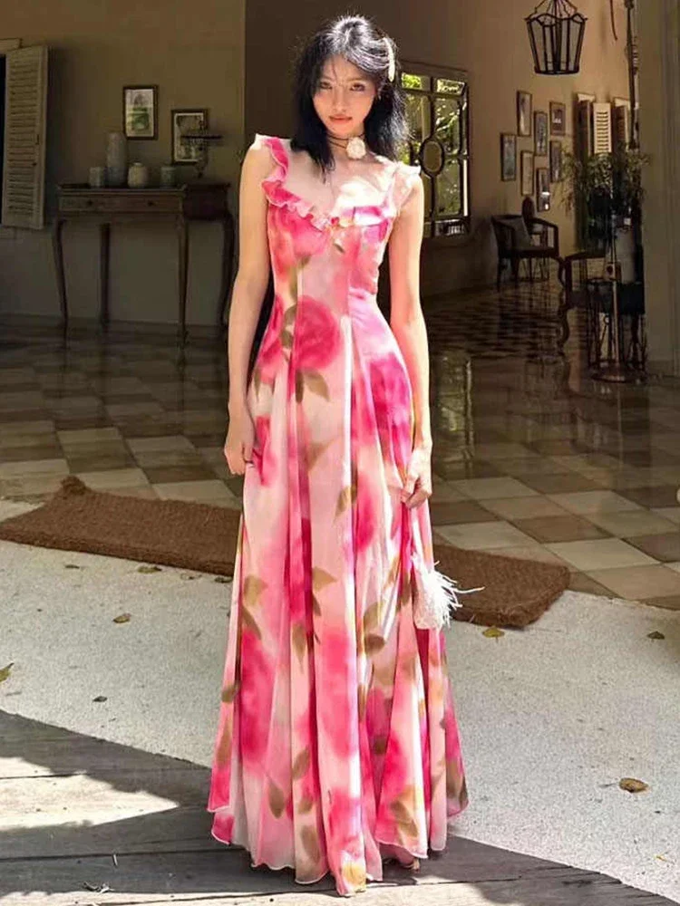 GypsyLady Floral Printed Maxi Dress Pink Elegant Chic Tank Deep V Sexy Boho Summer Women Vocation Ruffles Ladies Dresses Vestido