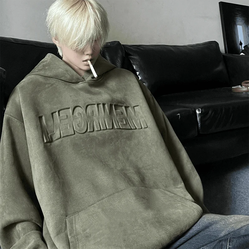 American retro steel stamped letter suede sweatshirt men spring and autumn oversize national fashion high street couple hooded