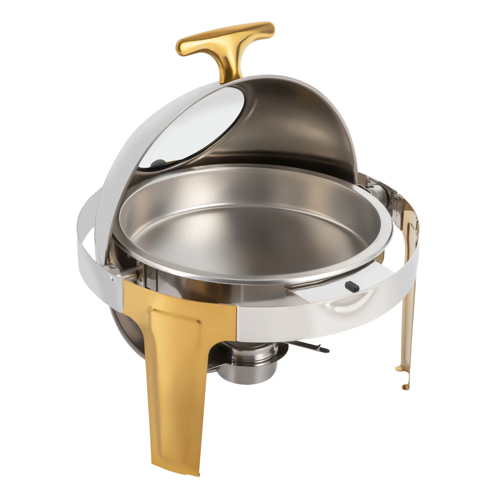 Gold 6.3qt Round Chafing Dish, Stainless Steel Buffet Server With Glass Lid & 180° Roll Top, 66lbs Capacity Food Warmer for Catering Wedding Banquet