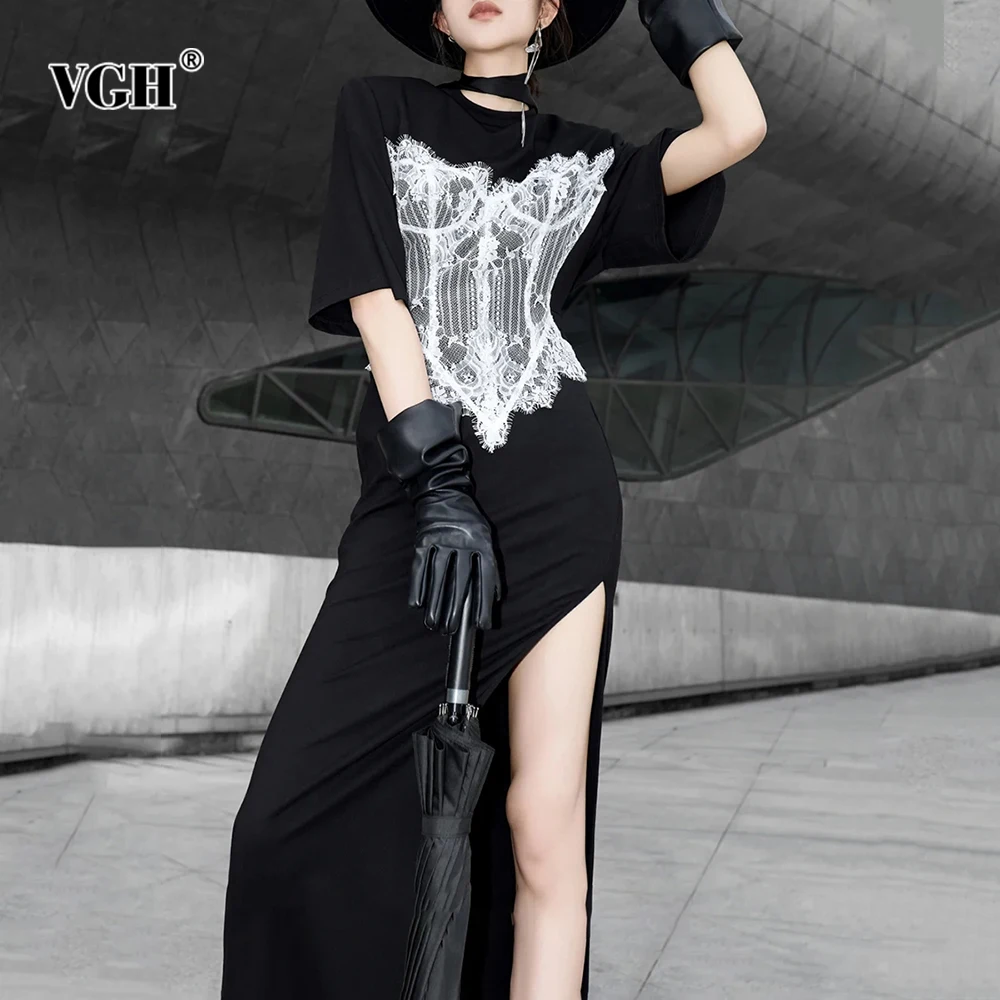 

VGH Hit Color Spliced Lace Up Slimming Dresses For Women Round Neck Half Sleeve High Waist Temperament Dress Female Fashion New