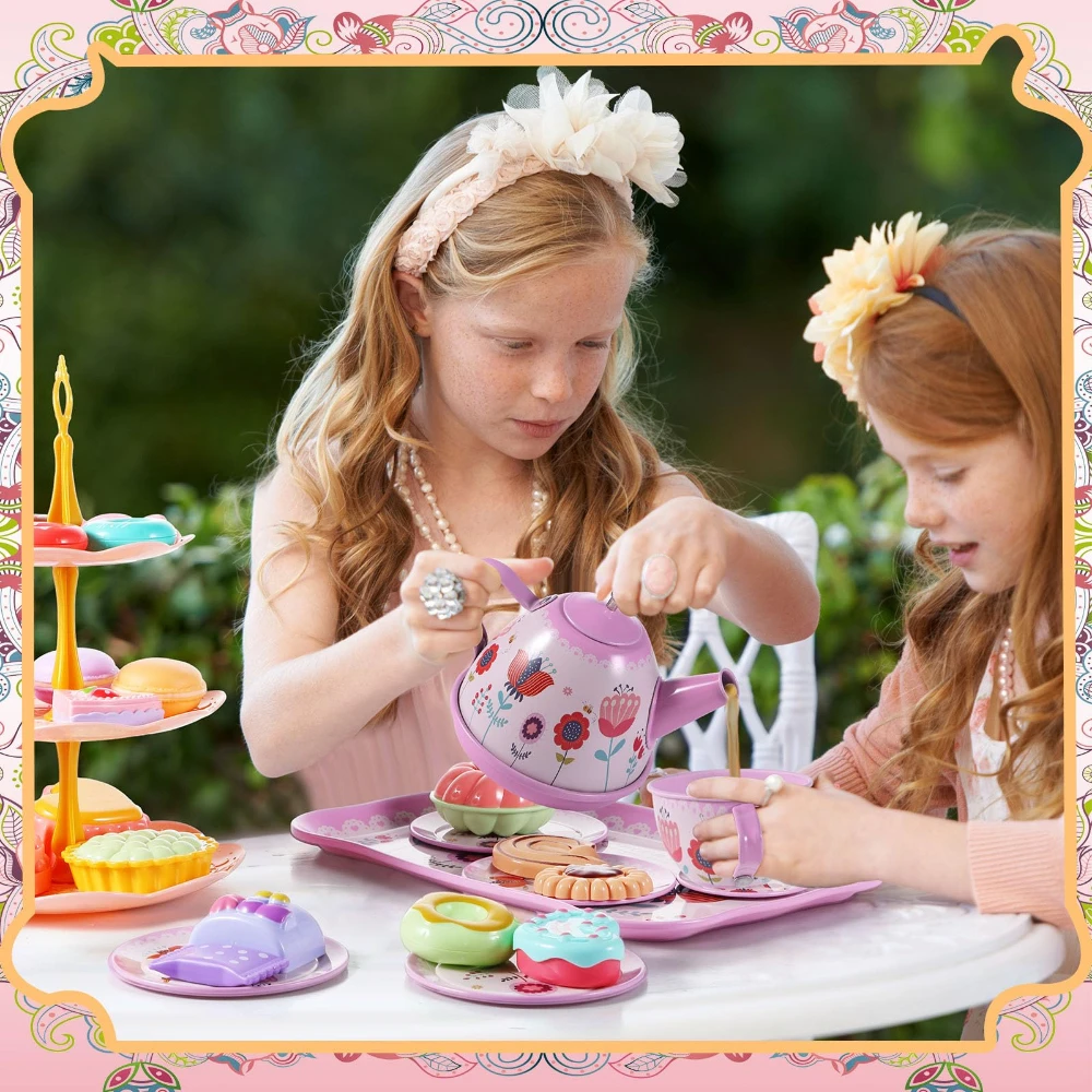 WizKidz Kids Tea Party Set for Ages 3+ Year Old Girls Princess Pretend Play Kitchen with Dessert Doughnut Carrying Case Gifts