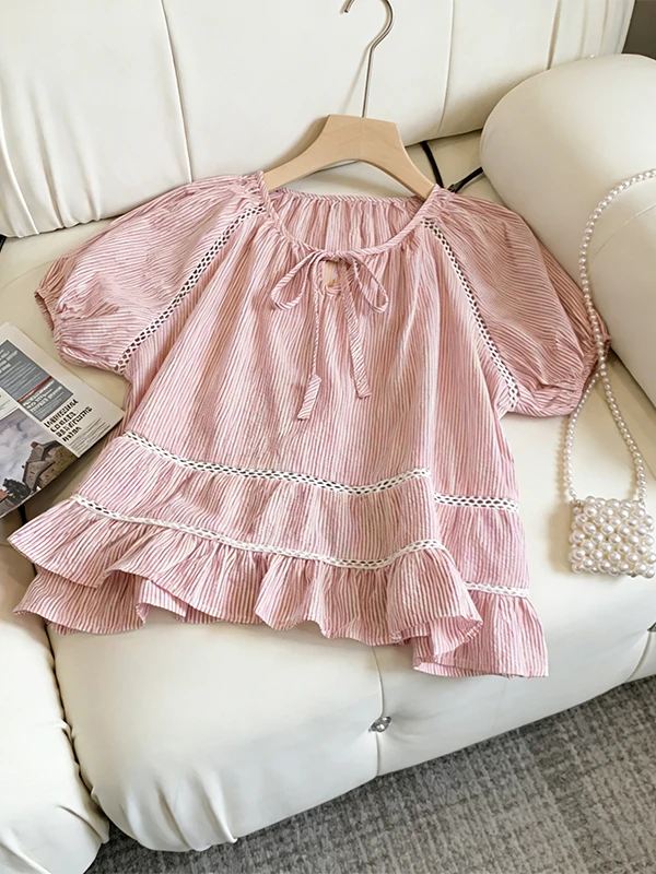 

Summer 2026 Sweet Simple Korean Style Patchwork Stripe Design Shirt Flower Bud Anti-Aging Sleeve Doll Shirt plus Size Women's...
