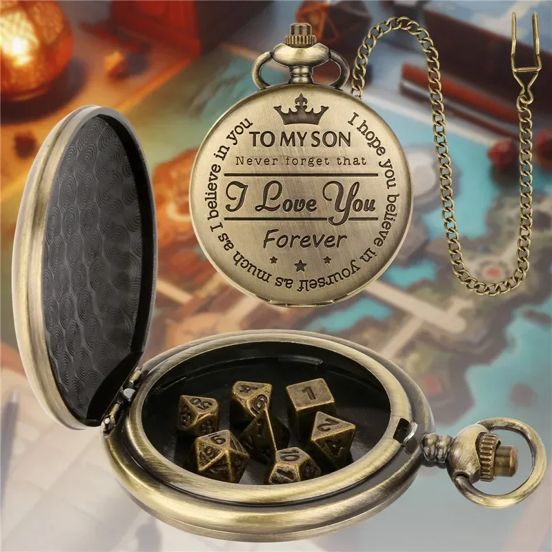 7Pcs/set Metal Polyhedral Dice Role Play Entertainment Dices with To My Son Design Pocket Watch Case Pendant Chain
