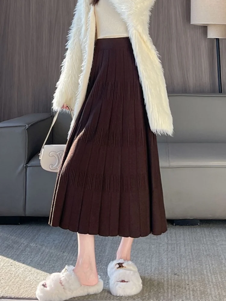 

SMTHMA Women's High Waist Knitted A-Line Midi Skirt For Women New Fashion Autumn Winter Casual Korean Chic Pleated Skirt