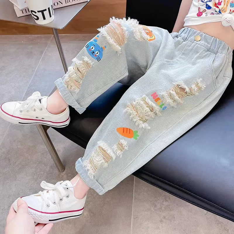 Kids Girls Jeans Summer 2023 New Children\'s Graffiti Tears Casual Pants Thin Boys and Girls Pants Boys Trousers 2 4 6 8 T