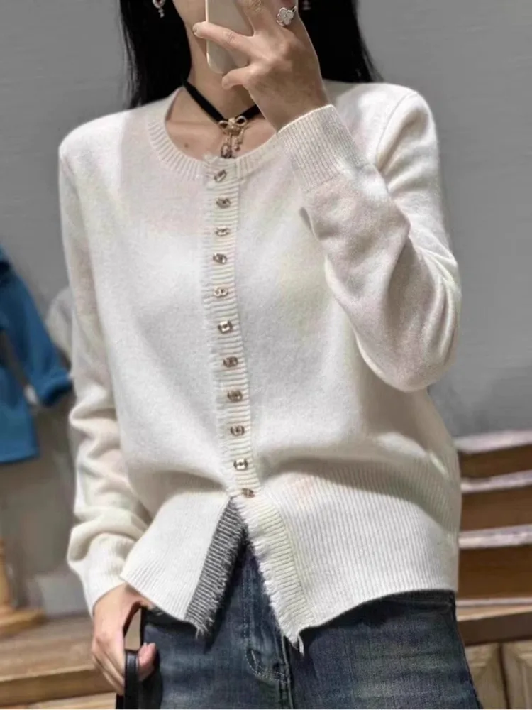 2024 Spring/Autumn New 100% Pure Wool Cardigan Sweater Women\'s Round Neck Cardigan Fashion Knitted Tassel Cardigan Coat Thin Top