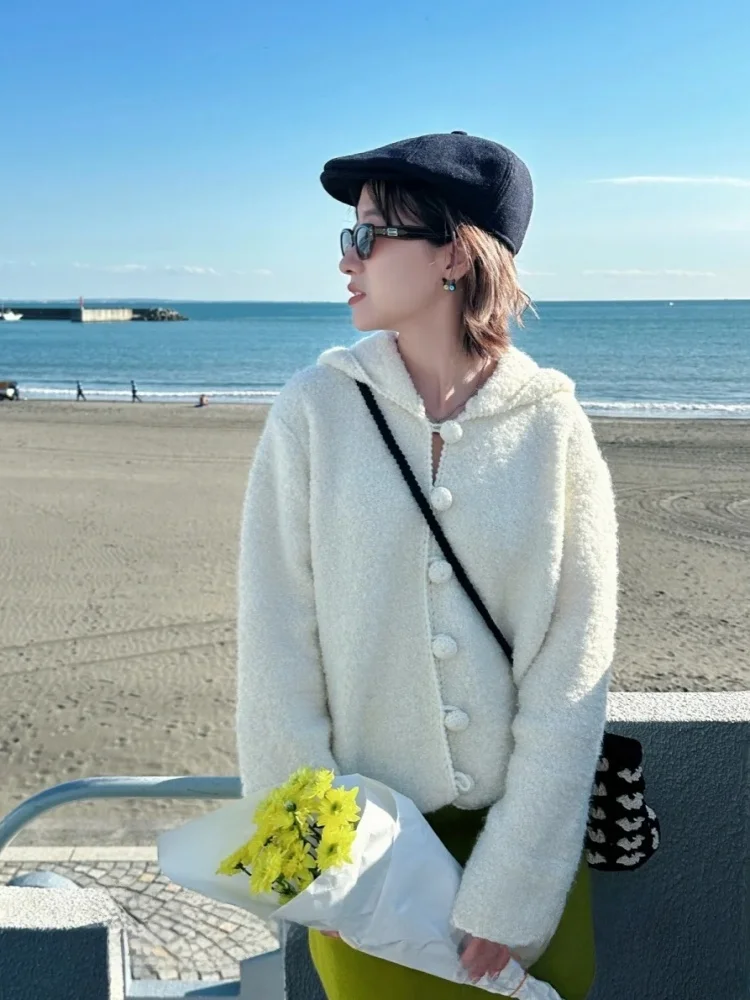 

Мягкий уютный белый бархатный вязаный свитер с капюшоном, пальто, кардиган, женский осенне-зимний корейский вязаный топ маленького размера