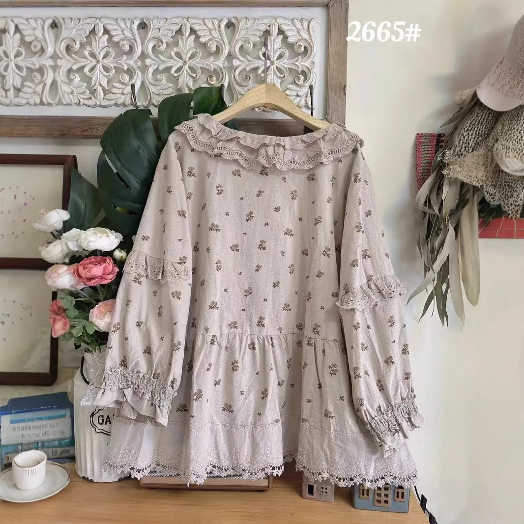 

Sweet Mori Girl Floral Print Lace Round Collar Cotton Shirts Women Spring New Long Sleeve Casual Loose Single Breasted Blouse