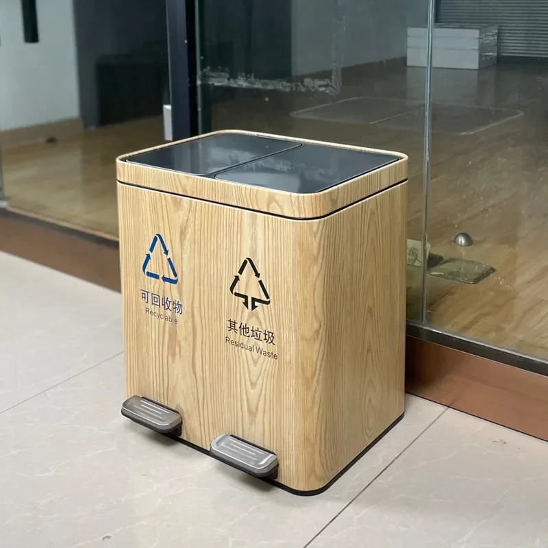 

Stainless Steel Wood Grain Pedal Trash Bin Office Mall Hotel Large Capacity Garbage Bin Kitchen Classified Waste Disposer