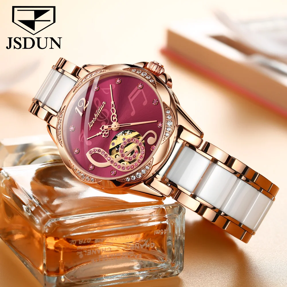 JSDUN Fashion Trend Automatic Mechanical Watch Women Original High Quality Ceramic Lady Wrist Watch Luxury Elegant Women Watches