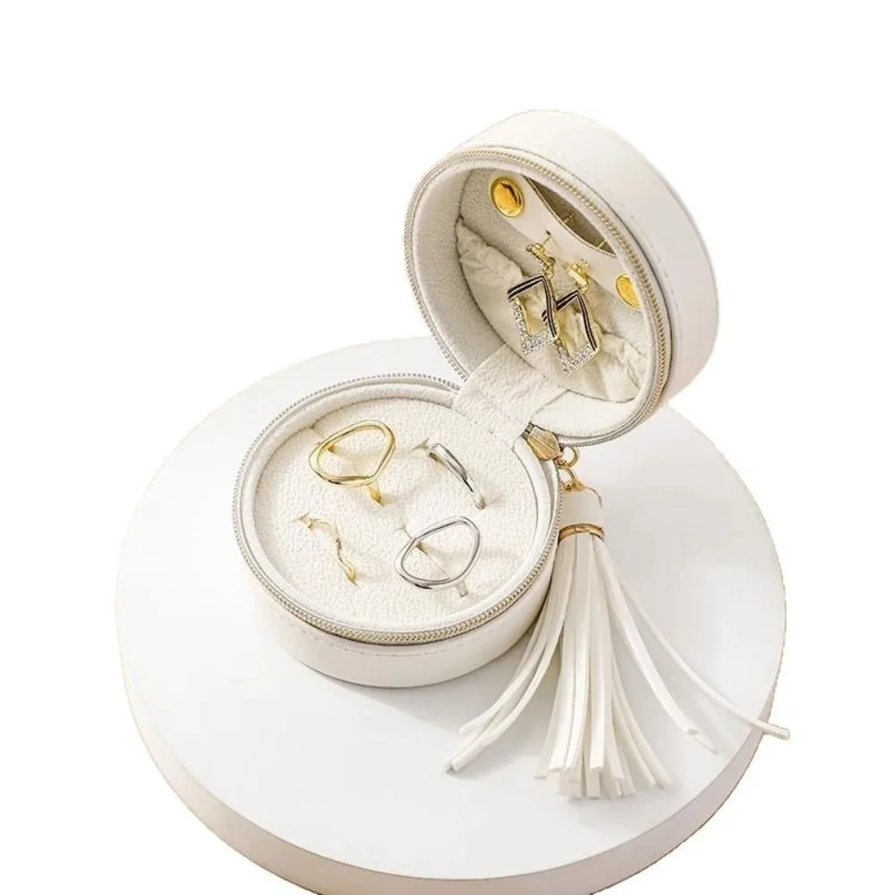 

PU Leather Jewelry Storage Box Round Shape with Tassel Rings Earrings Organizer Waterproof Dust-proof Necklace Display Case