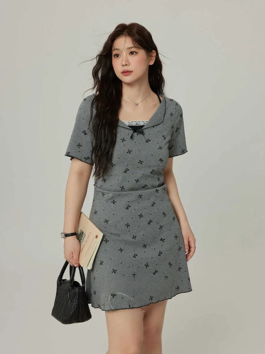 

Gray Polka Dot Knot Dress plus Size Women's Short A-Line Skirt Slimming Waist Cinched Summer Fake Two-Piece Dress