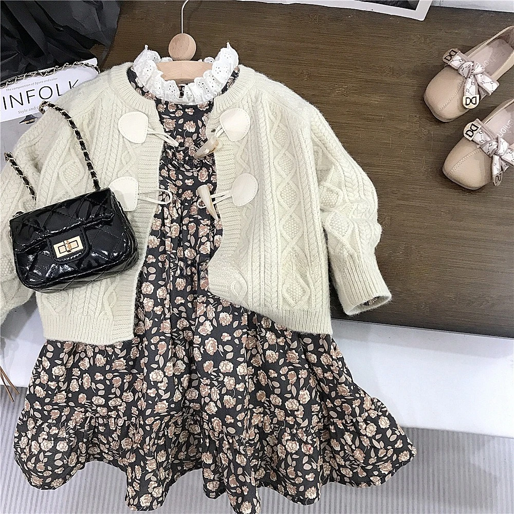 

Korean children's clothing girls spring autumn section cow horn button knitted cardigan children stand collar flower lace dress