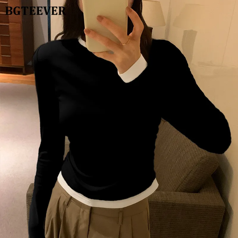 BGTEEVER Casual Slim Women Patchwork Tees Autumn Winter Fashion Long Sleeve Female Skinny Pullovers T-shirts Ladies Basic Tops