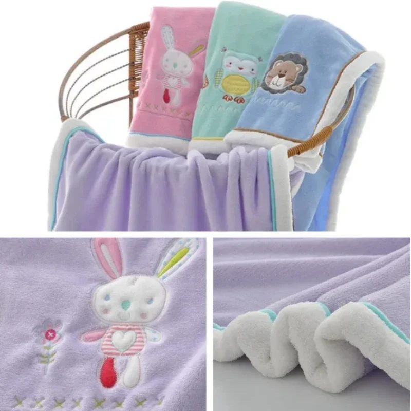 Baby Blankets Newborn Cartoon Embroidery Flannel Baby Blanket Kids Boys Girls Swaddle Wrap Infant Stroller Cover Blanket