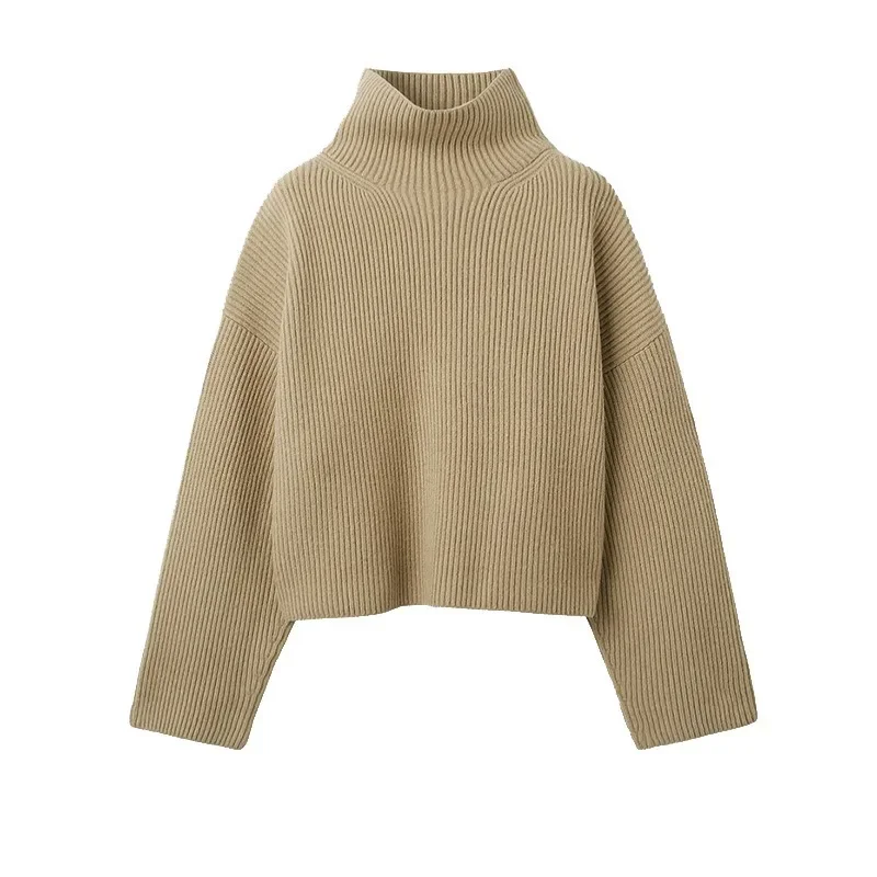 LUXURY-Women\'s Blended Wool Sweater, Shoulder Drop Rib, Loose High Neck Knitted Top, Small Autumn and Winter New Style