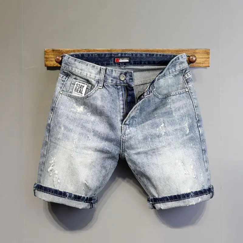 2025 Blue Denim Shorts Men's Summer New Brand Blue Washed Old Scratched Pocket Leather Label Slim Pants Shorts Jeans Half Pants
