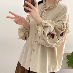 Vintage corduroy shirts long sleeve blouses women tops original design stand collar solid thick blouses mori girl autumn clothes
