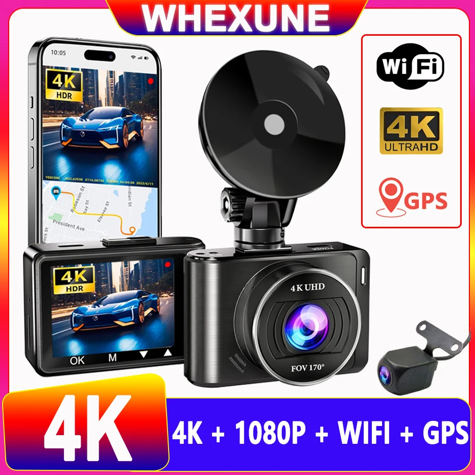 UHD 4K Dash Cam Dual Lens Driving Recorder Car DVR 1080P Rear Lens Camera Built-In WiFi GPS 24-Hour Parking Monitoring Black Box