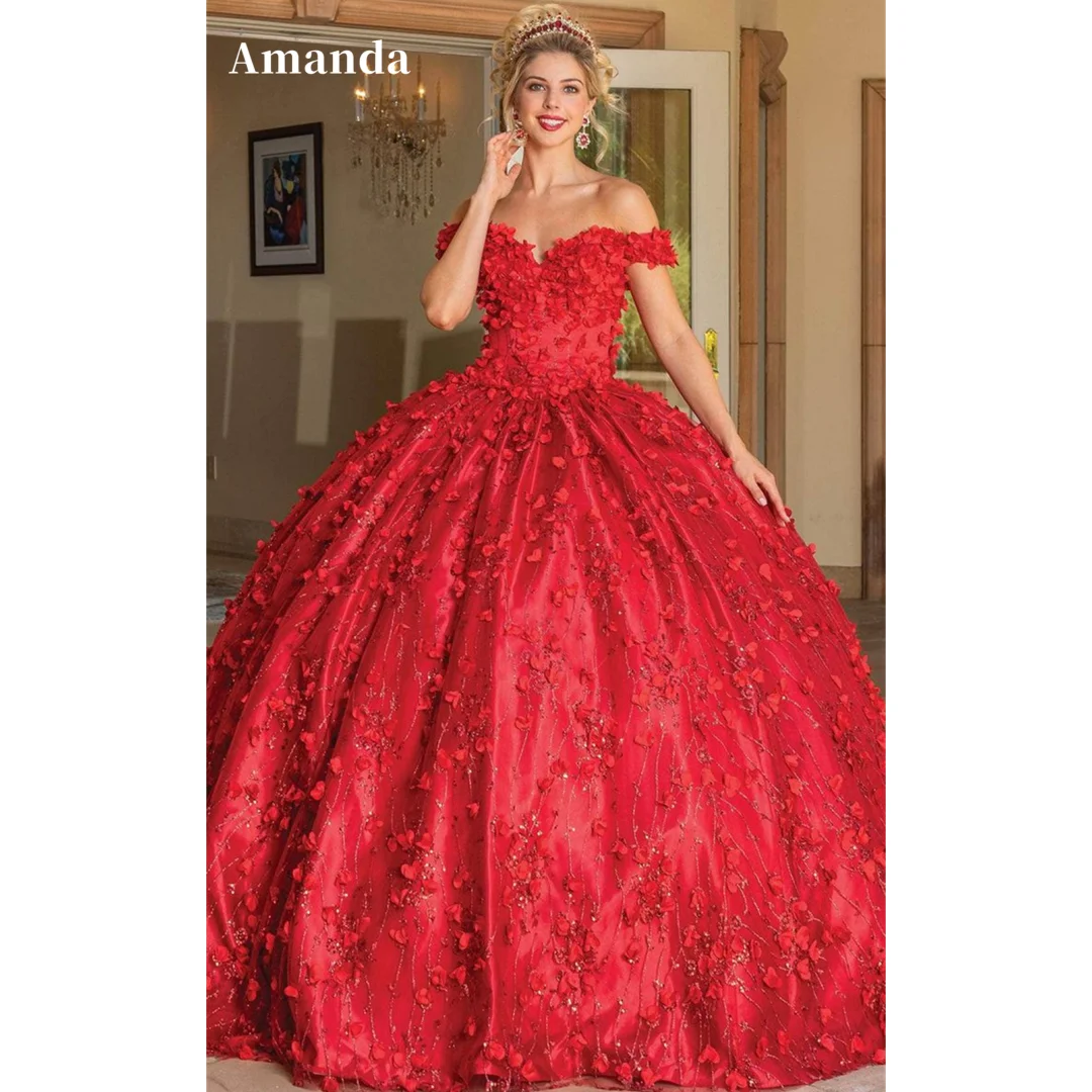 Amanda Queen Off Shoulder Flower Wedding Dress Gorgeous Ball Gown Prom Dress Red 3D Flower Vestidos De Fiesta  فساتين سهرة