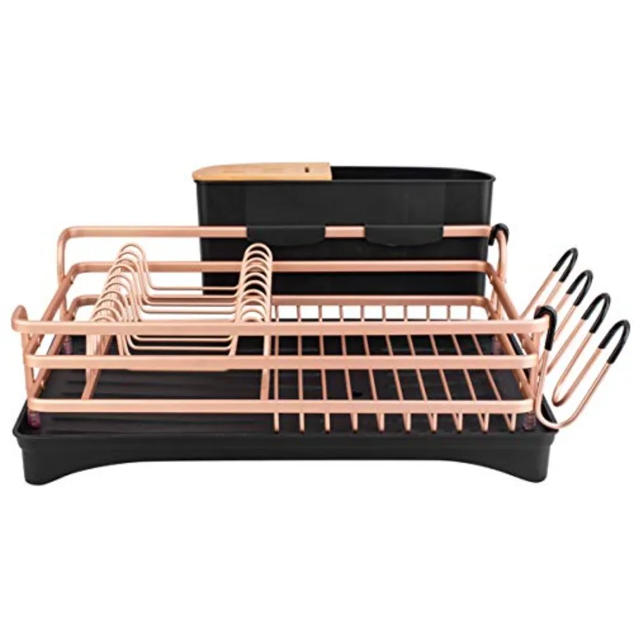 

Aluminum Dish Drying RackNever Rust Dish Rack with Removable Cutlery Holder Cup Holder 360 Swivel Spout Drain Board Gold