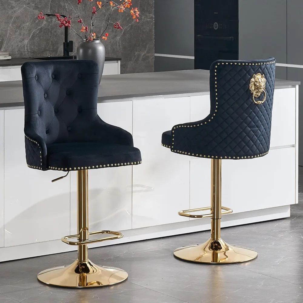 Zestaw 2 złotych stołków barowych, obrotowe stołki barowe z aksamitu z uchwytem w kształcie lwa, tapicerowane stołki barowe o wysokości blatu z wysokim, pikowanym oparciem.