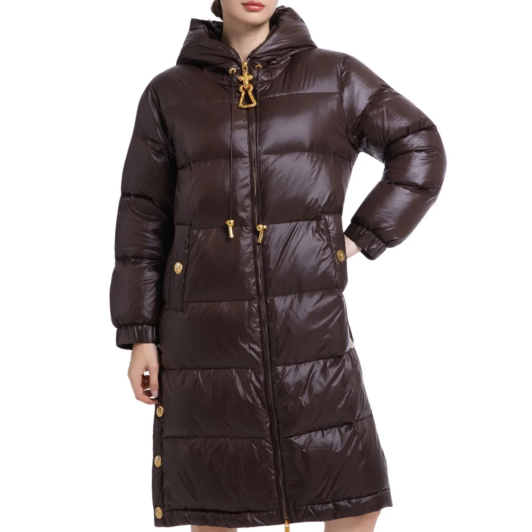 سترة شتوية نسائية لعام 2025 بطول 90 سم، طلاء PU، مشبك معدني، دافئ، بقلنسوة، Y2K موضة جديدة، حمالة صدر سترة عالية الجودة #3