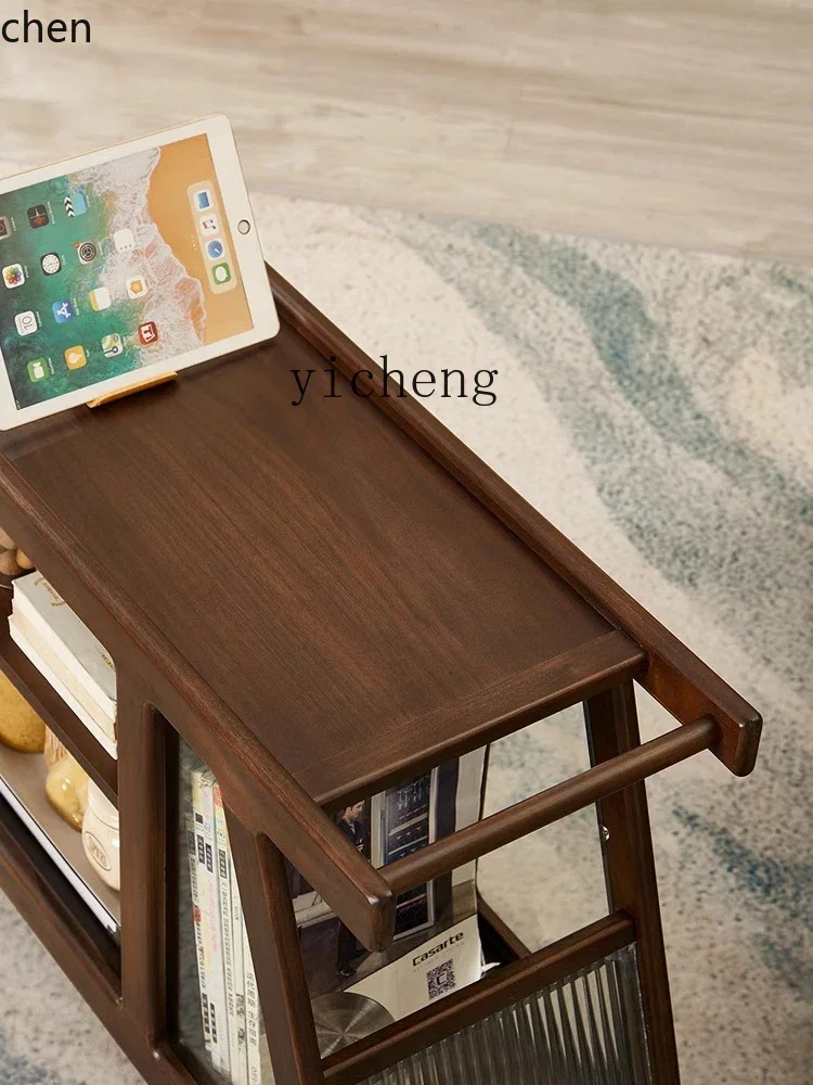 ZML中世風無垢材カートソファサイドキャビネットモバイルコーヒーテーブル（キャスター付き）ブラックウォルナットダイニングカーホーム