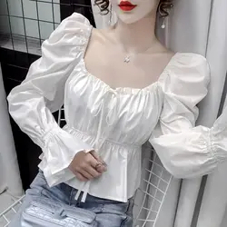 Autumn Fashion Lacing Solid Color Square Collar Flare Sleeve Blouse Women Clothing Simplicity Pleated Shirts Female Casual Tops