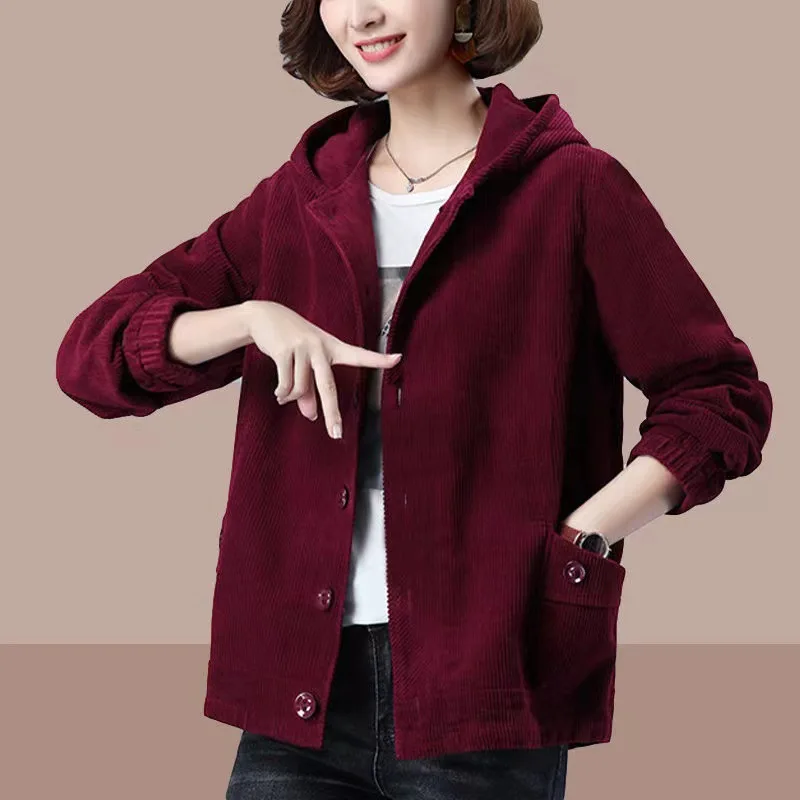 Corduroy Hooded Jacket Women Blazer Jakcet Brand New Women\'s Corduroy Coat Autumn and Winter Long Sleeve Retro Temperament Suit