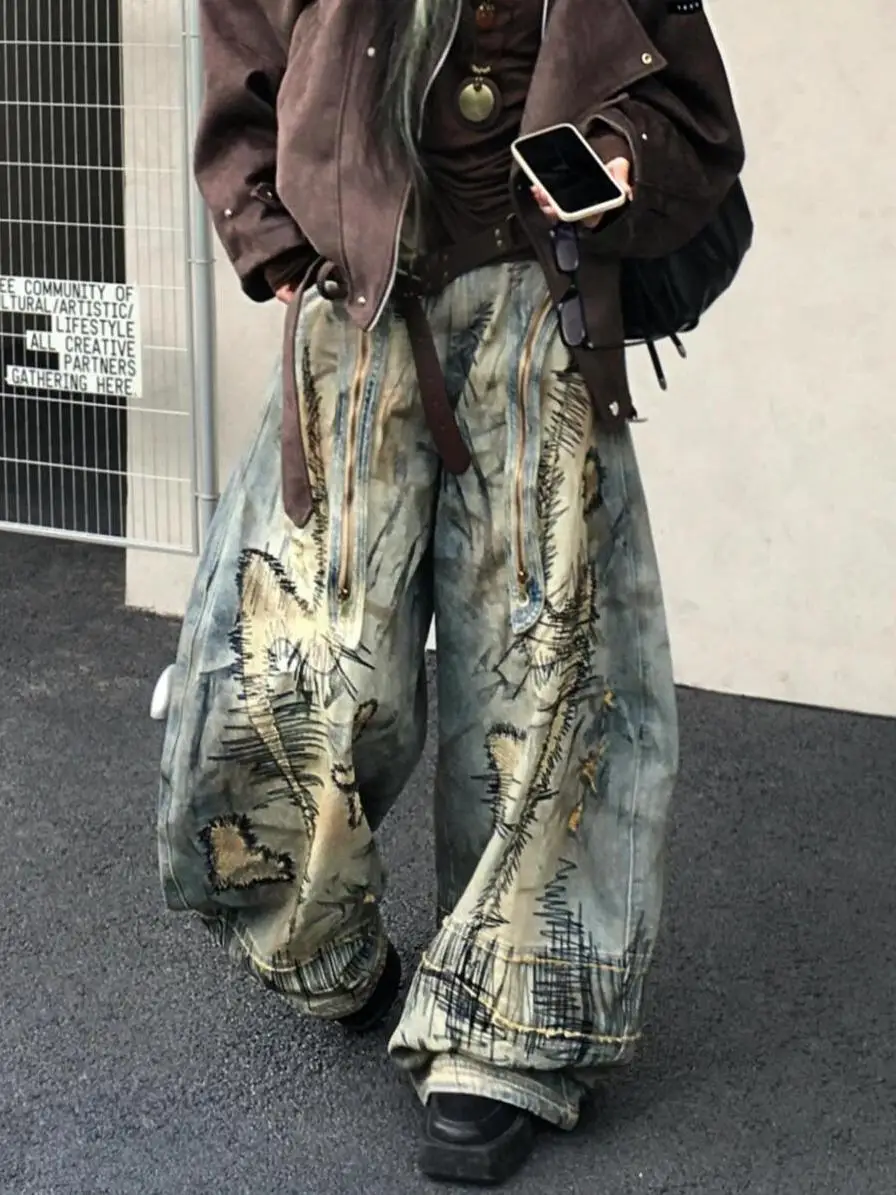 Pantalon en Denim brodé de Style American Street Destruction, surdimensionné, rétro, lavage, personnalité, mode, ample, décontracté, jambes larges