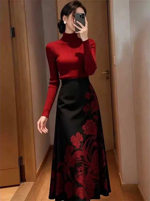 

Autumn Winter High Ne Knitted Sweater Print Slimming Skirt Set Women's New Chinese Sle Light Maturi Faion Two Pi...