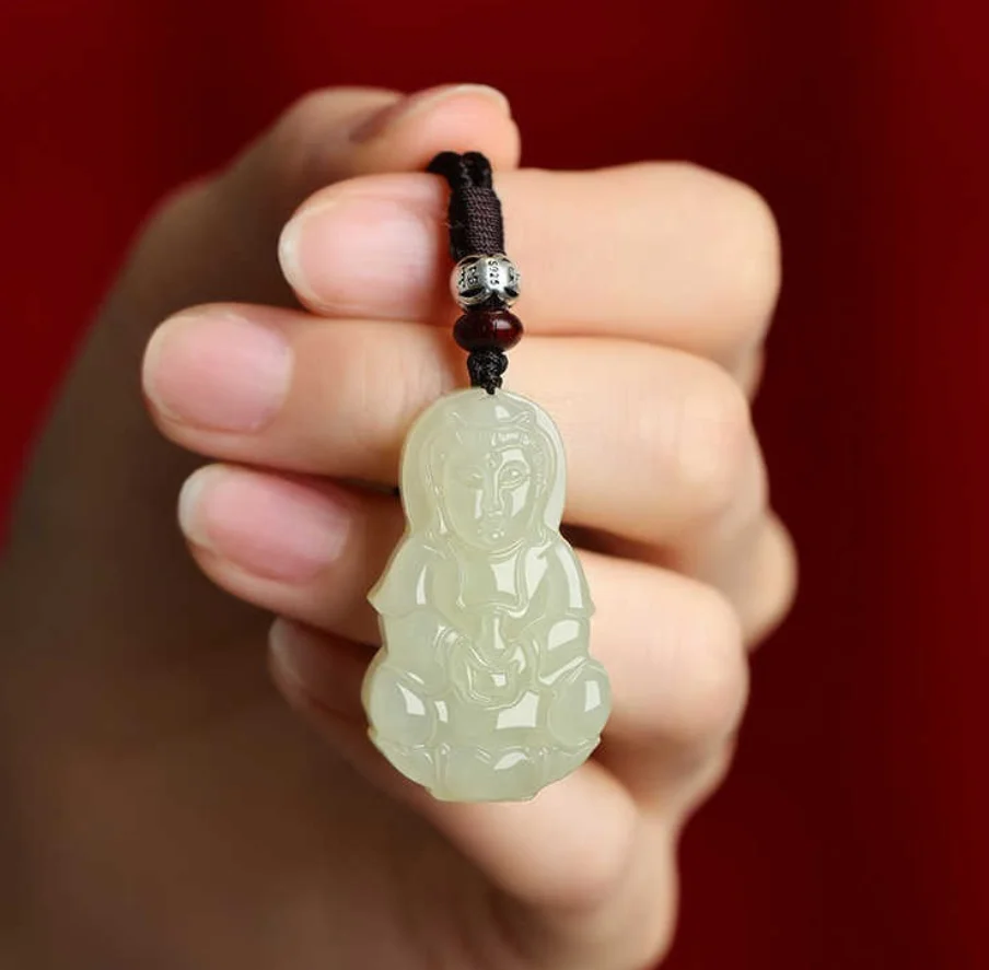 Fine Jewelry Natural Hetian Nephrite Jade Guarding Guanyin Men's Pendant