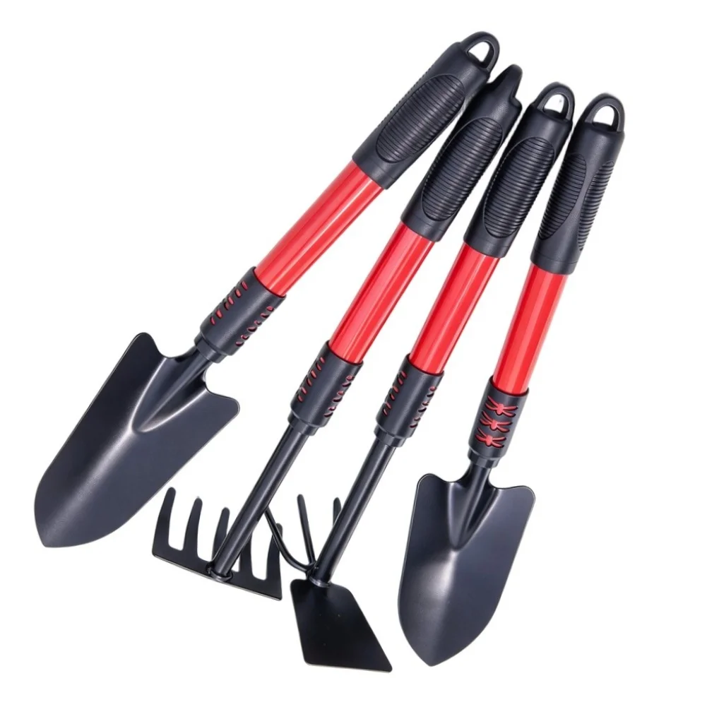 4 Piece Garden Tools Set Stainless Steel Rake Hoe Trowel Shovel for TransFor Planting Digging and Soil Cultivation