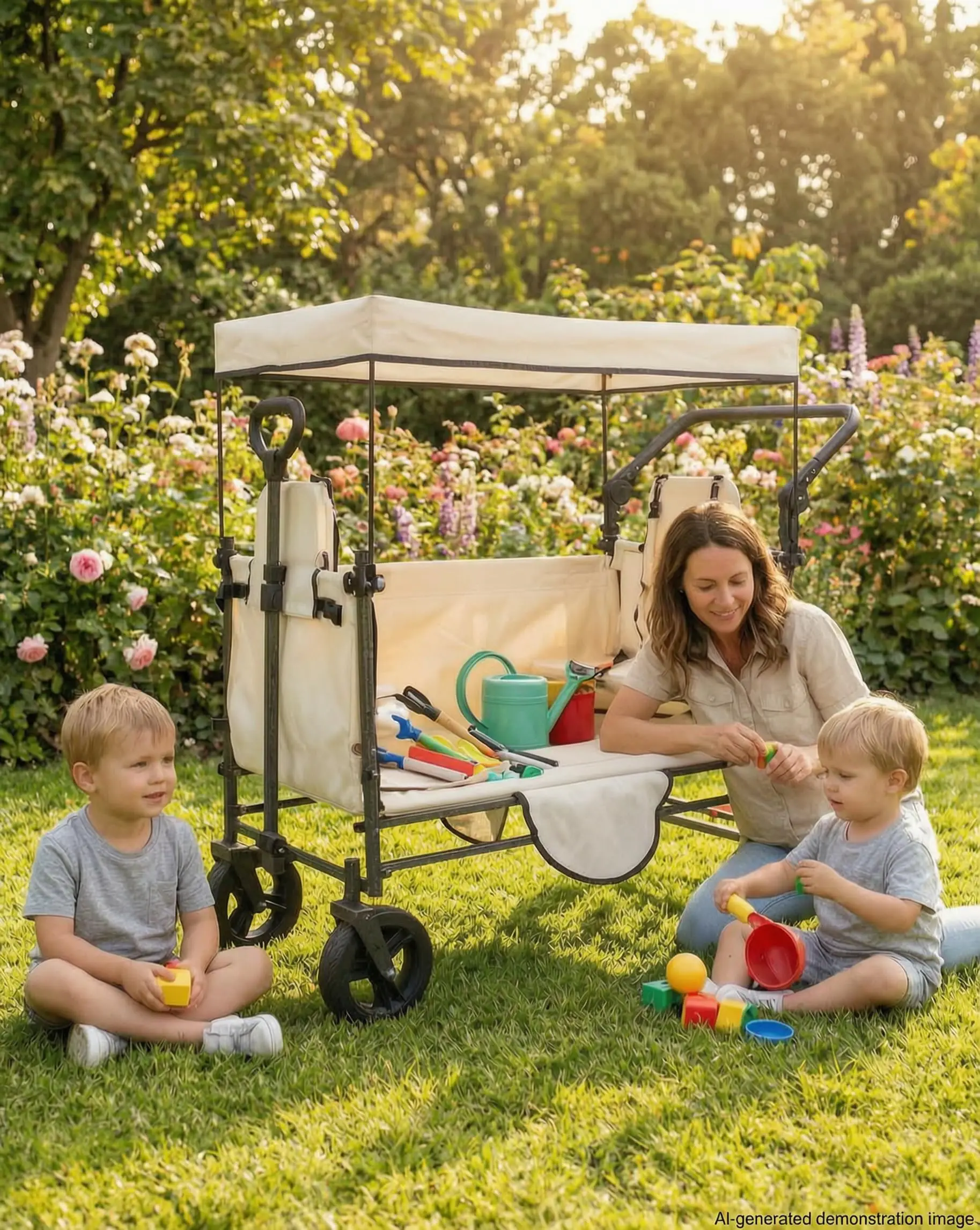 Collapsible Wagon Cart with Side-Opening Seat Conversion Design, Foldable Utility Wagon with 2 Seats, Heavy Duty Wagon