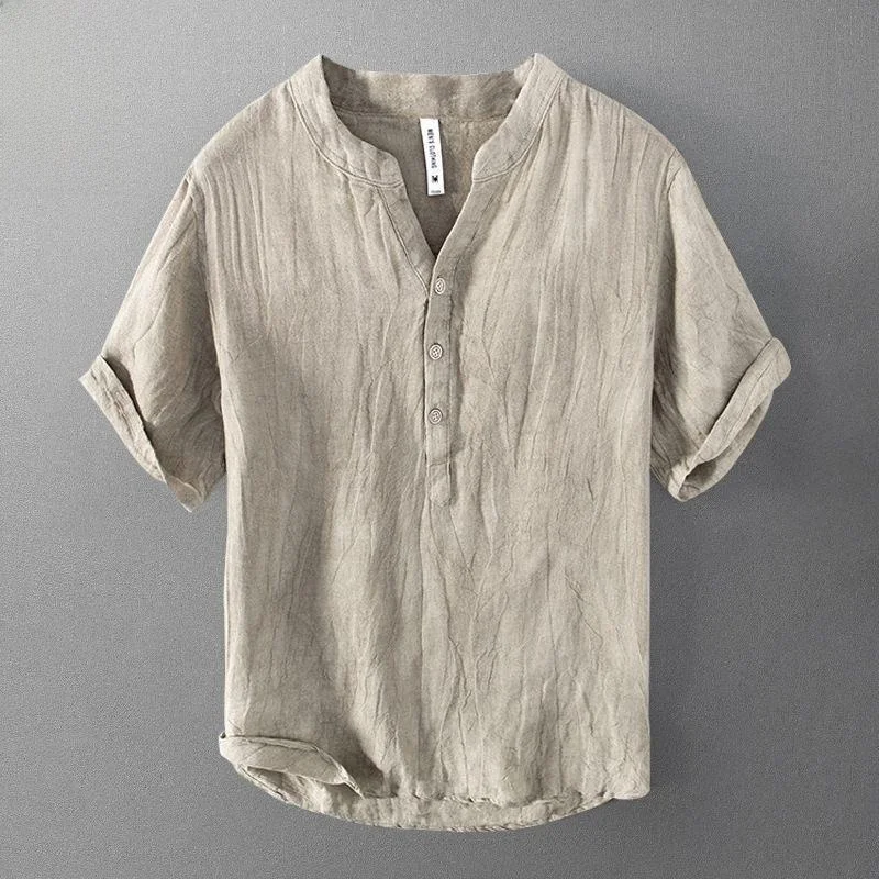Loose Cotton Linen Short Sleeve Shirt Men's Casual Artistic Youth Summer Breathable Thin Cotton Linen Stand Collar T-Shirt