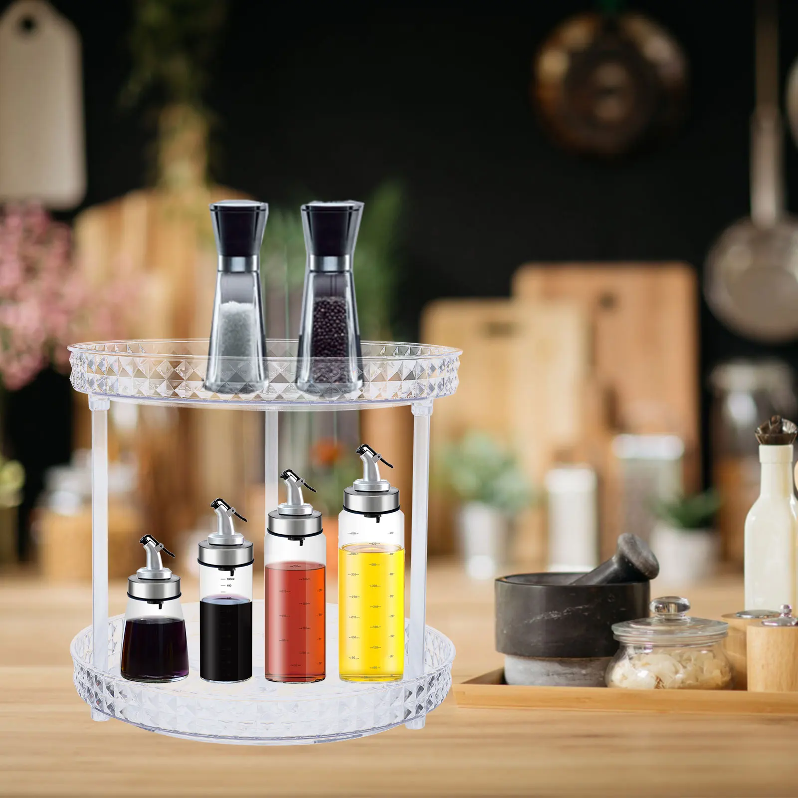 

Double Spice Rack Organizer Two-tier Turntable Vanity Tray Rotating for Countertop Cabinet