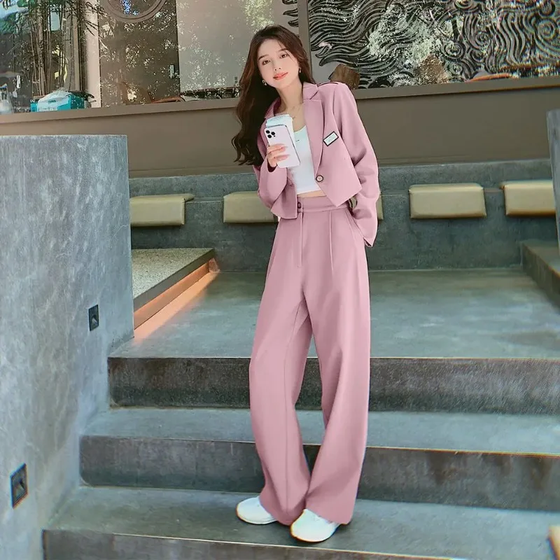 

Insozkdg 2024 Spring Women Office Pink Suit Two-Piece Pantsuit Elegant Blazer Female Set Casual Loose Pants Jacket Work Clothes