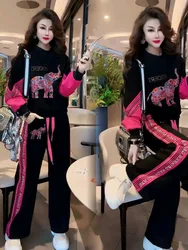 Autumn New Fashion Round Neck Pullover Sweatshirts Letter Rhinestone Top Wide Leg Pants Casual Two-Piece Women's Pant Sets