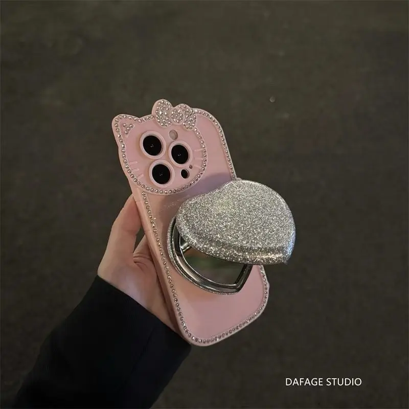 

2025 New Three-dimensional Flash Diamond Cat Love Mirror Holder Phone Case For iPhone14Promax 15 Drop Resistant Protective Case
